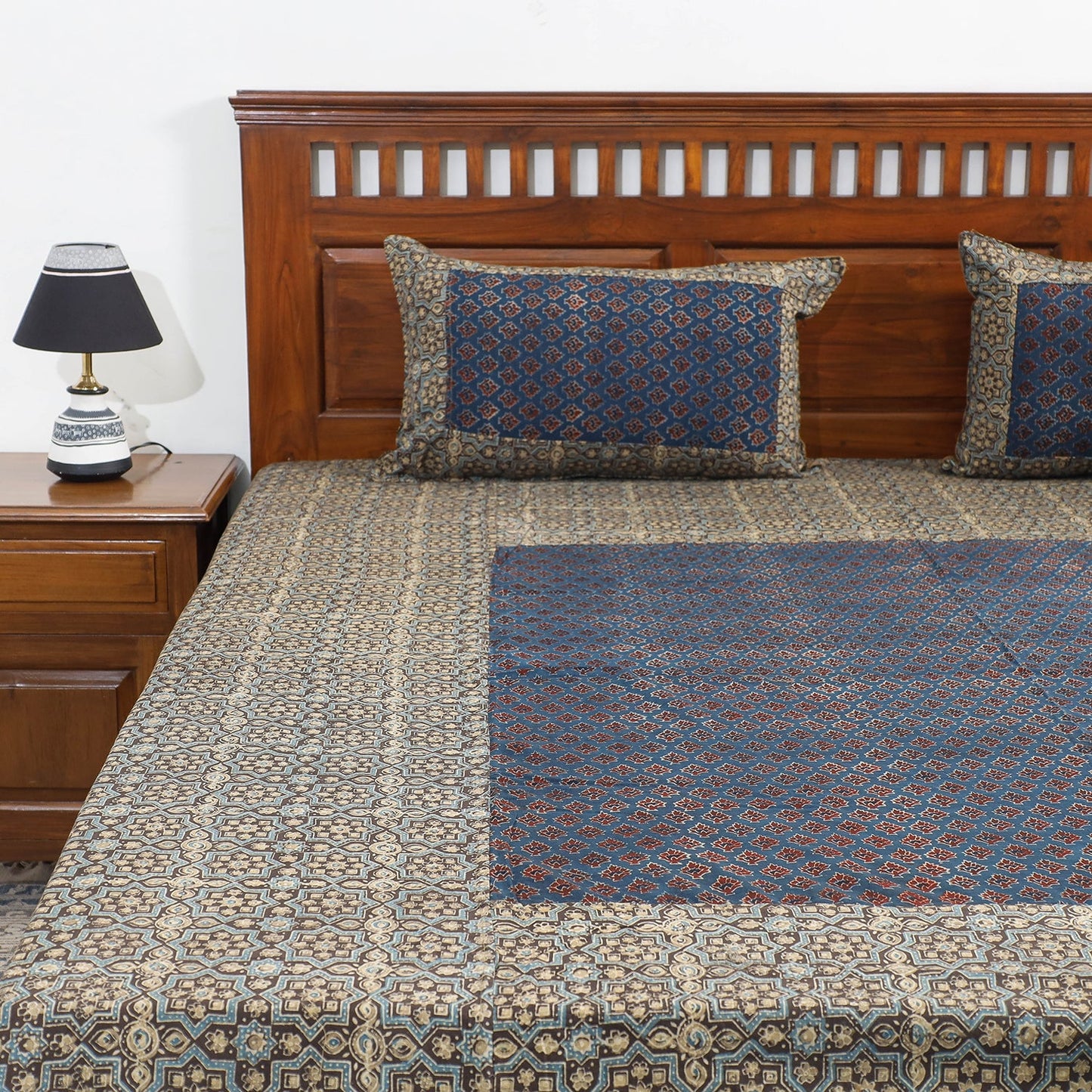 Buy Ajrakh Patch Tukdi Kaam Cotton Double Bed Cover with Pillow Covers Online l iTokri.com