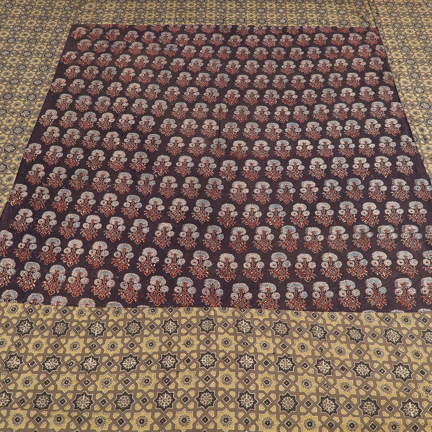  Ajrakh Patch Tukdi Kaam Cotton Double Bed Cover with Pillow Covers Online l iTokri.com