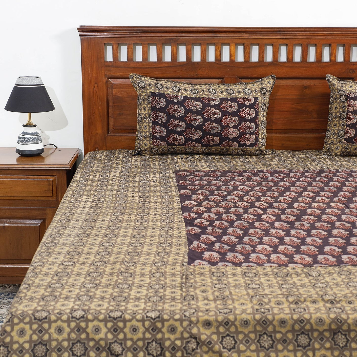  Ajrakh Patch Tukdi Kaam Cotton Double Bed Cover with Pillow Covers Online l iTokri.com