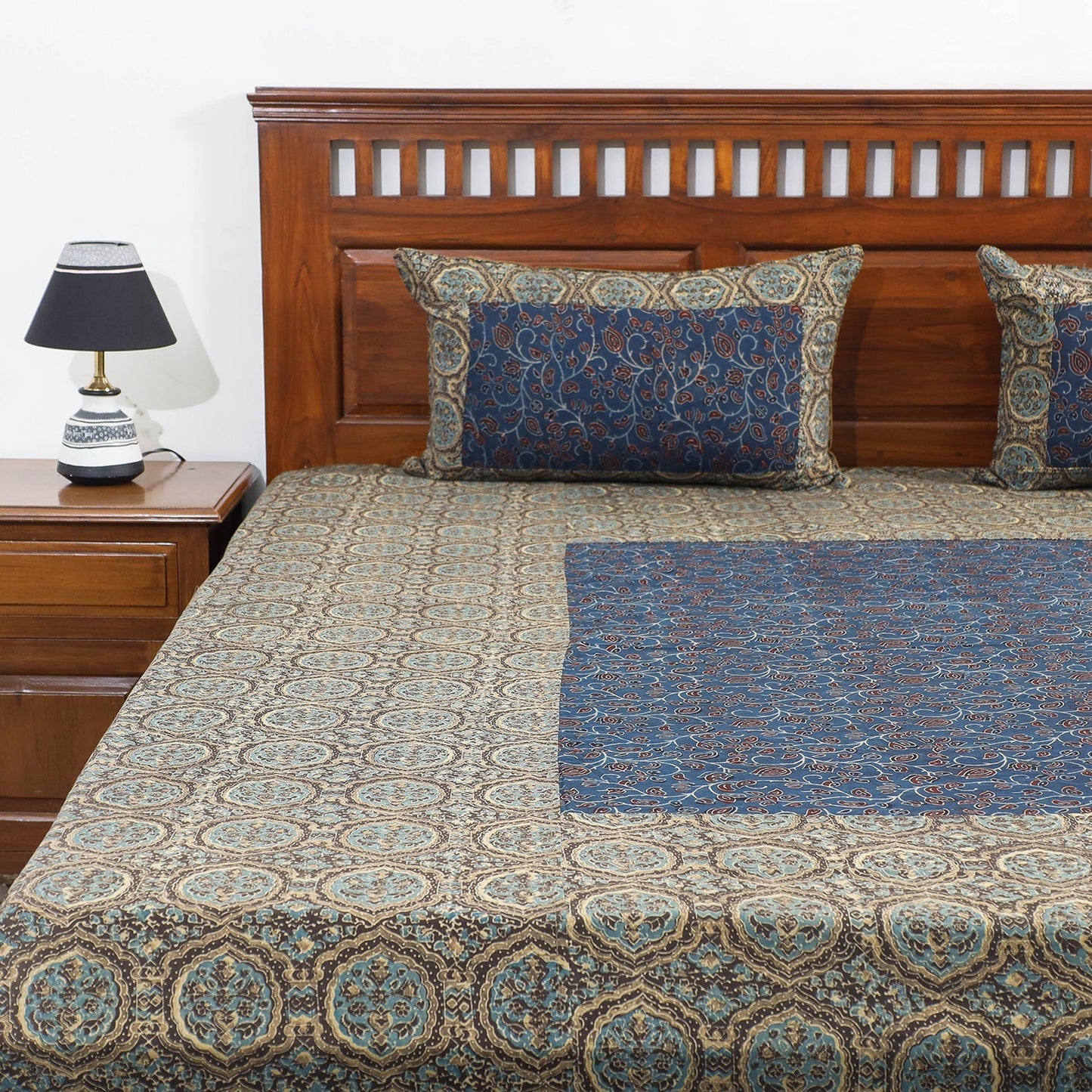 Buy Ajrakh Patch Tukdi Kaam Cotton Double Bed Cover with Pillow Covers Online l iTokri.com