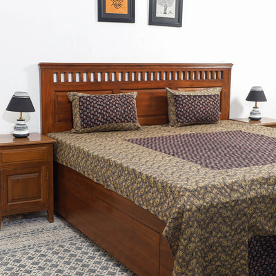  Ajrakh Patch Tukdi Kaam Cotton Double Bed Cover with Pillow Covers 