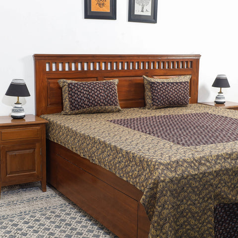  Ajrakh Patch Tukdi Kaam Cotton Double Bed Cover with Pillow Covers 
