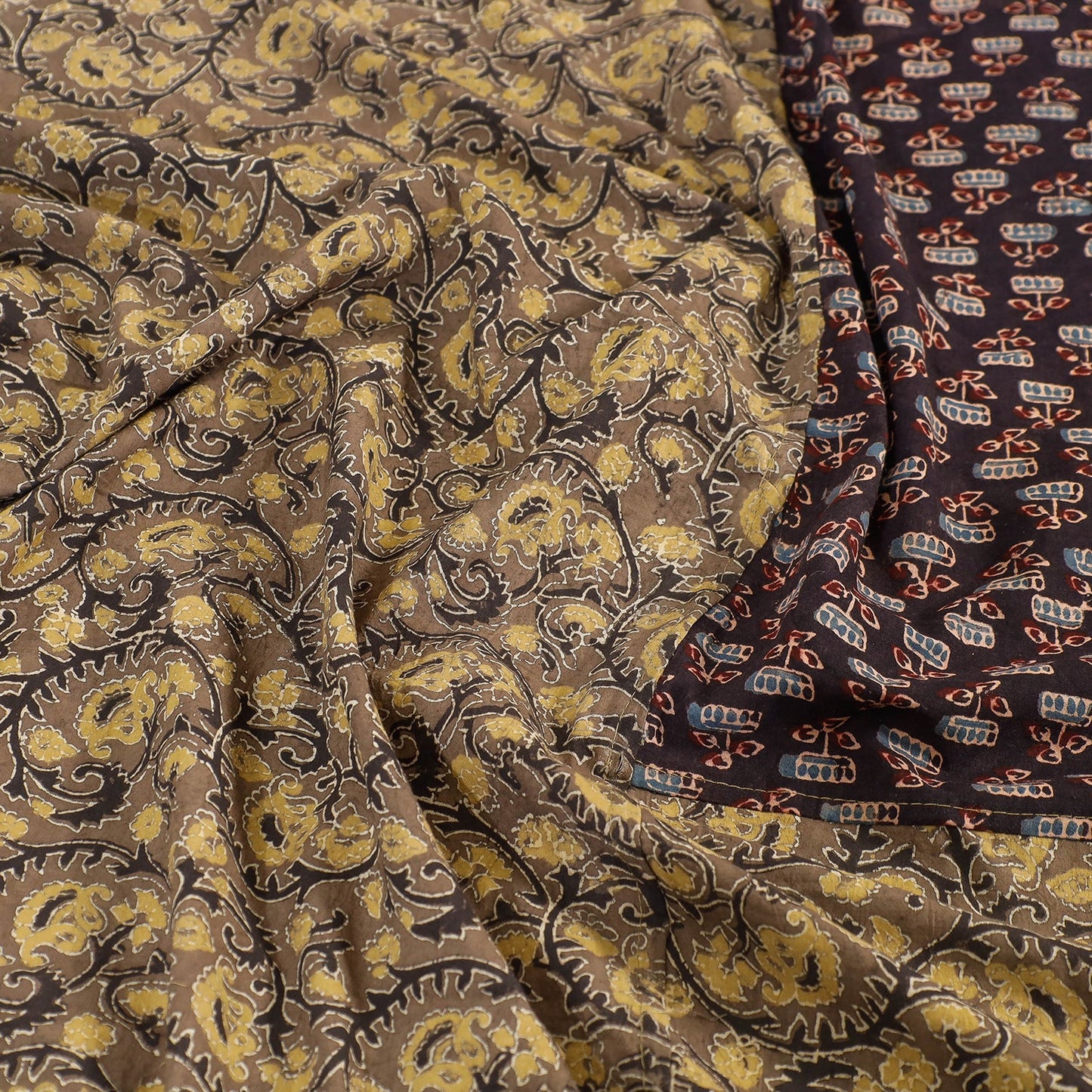  Ajrakh Patch Tukdi Kaam Cotton Double Bed Cover with Pillow Covers 