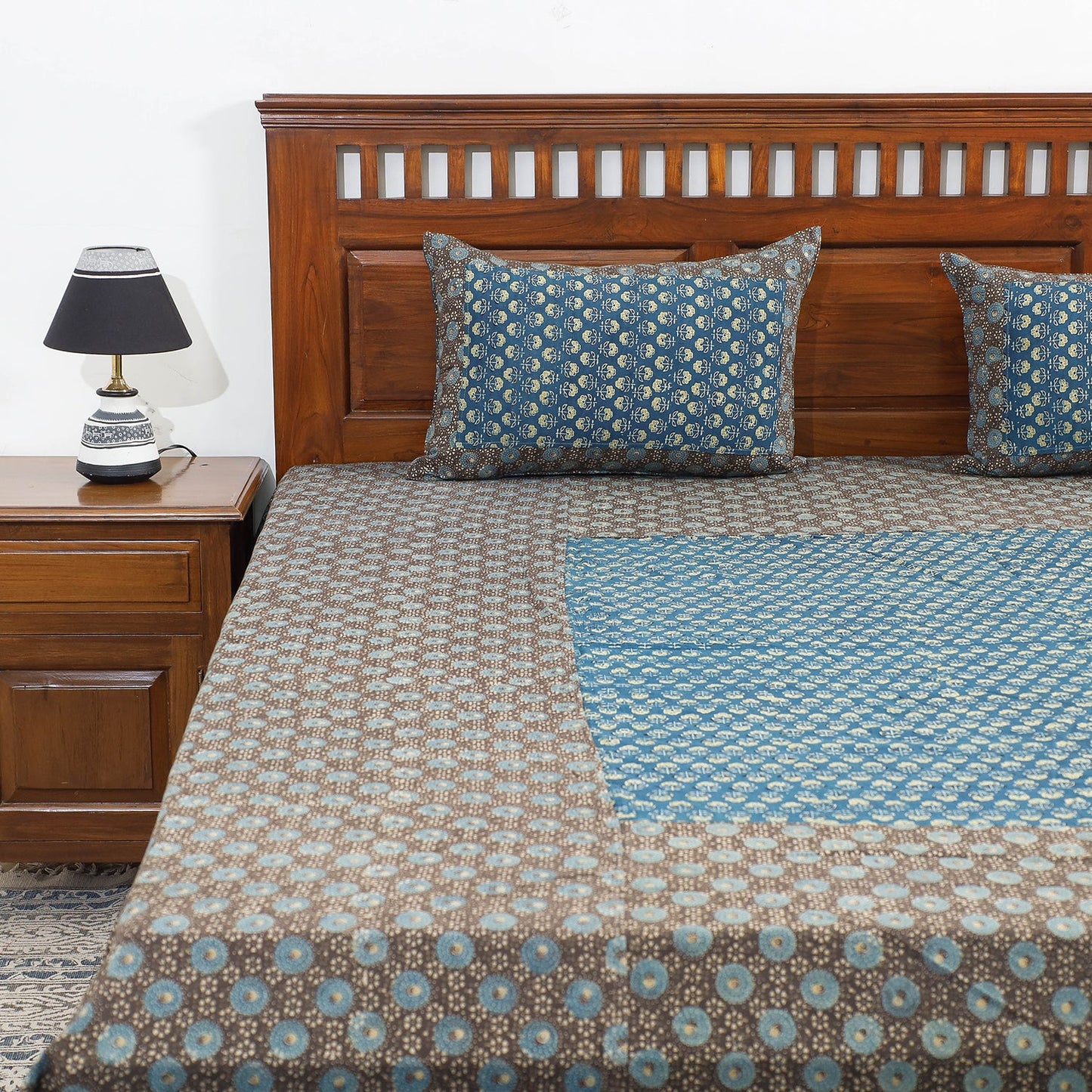 Buy Ajrakh Patch Tukdi Kaam Cotton Double Bed Cover with Pillow Covers Online l iTokri.com