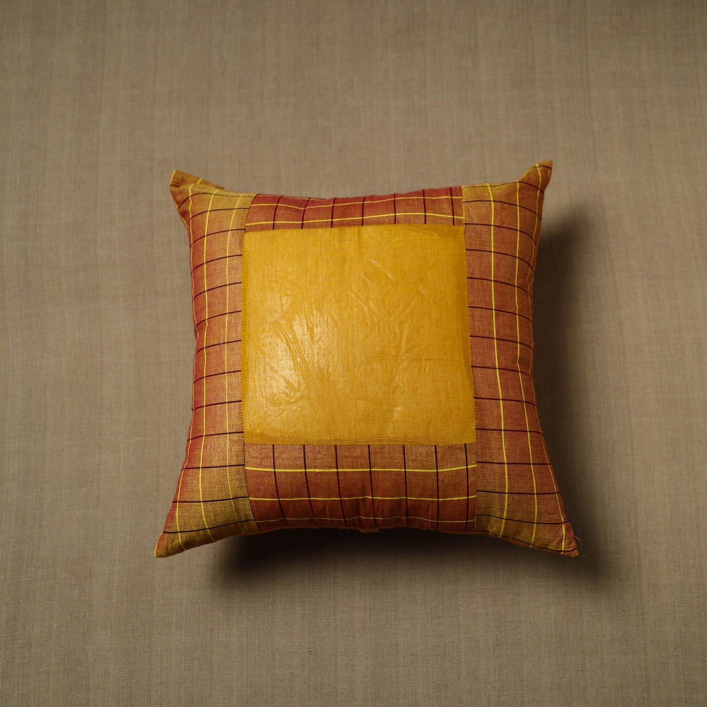 Brown - patchwork cotton kanchipuram cushion cover (16 x 16