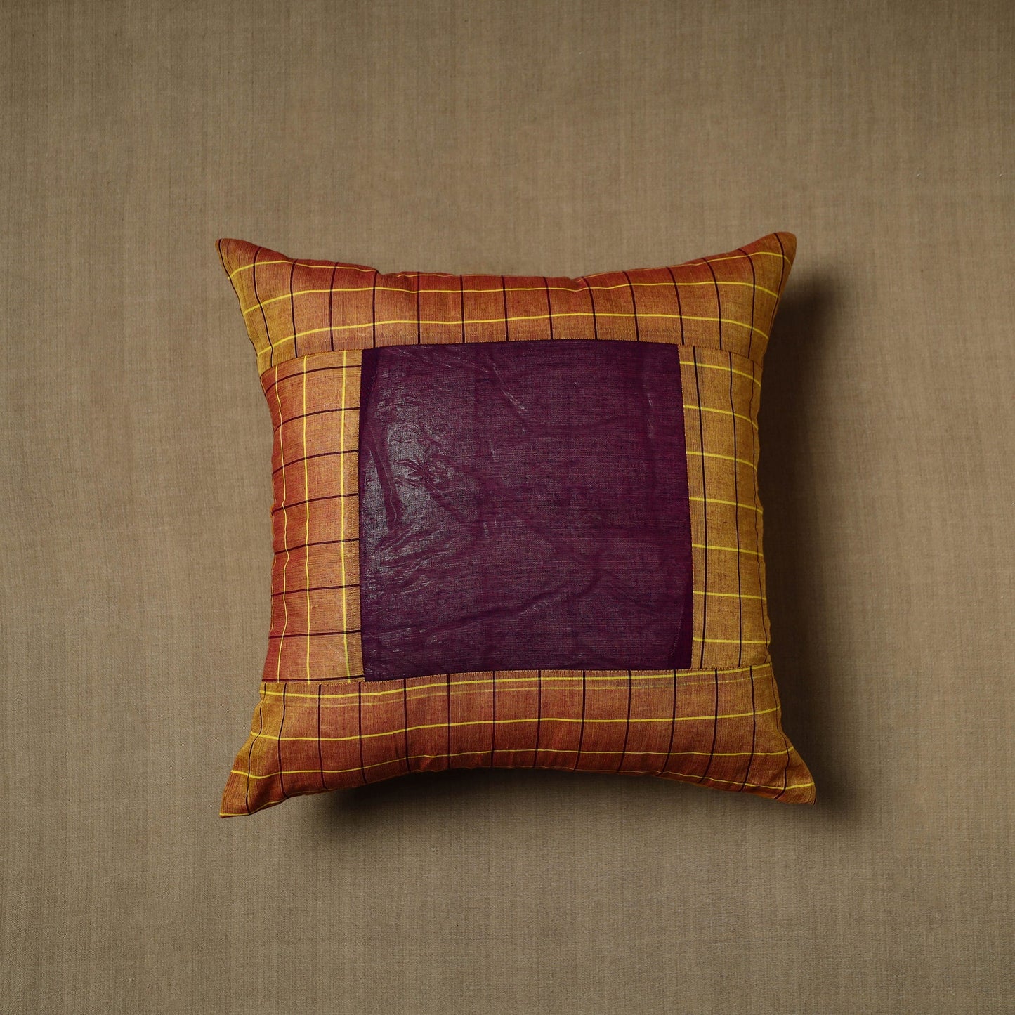Brown - patchwork cotton kanchipuram cushion cover (16 x 16