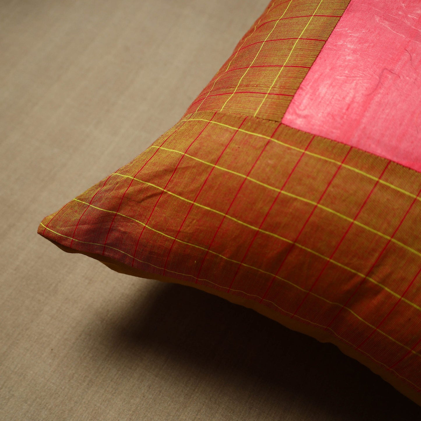 Brown - patchwork cotton kanchipuram cushion cover (16 x 16