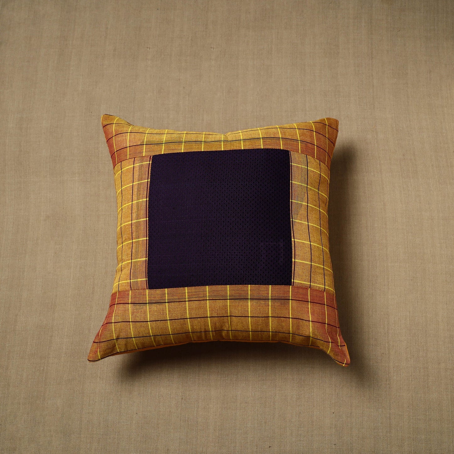 Brown - patchwork cotton kanchipuram cushion cover (16 x 16