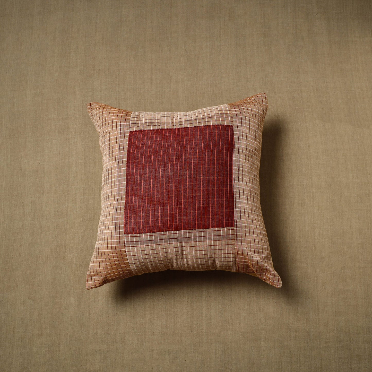 Brown - patchwork cotton kanchipuram cushion cover (16 x 16