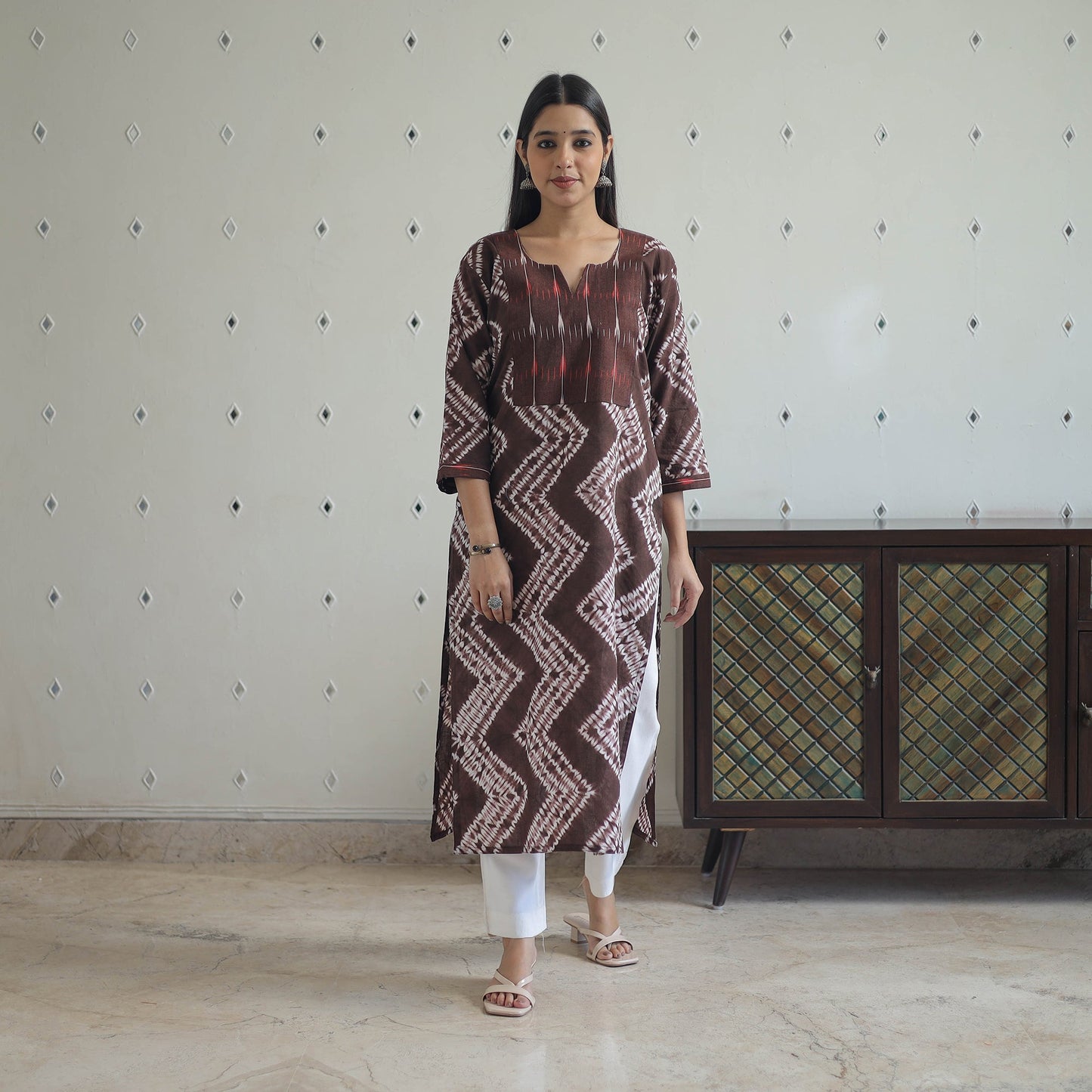 Brown Patchwork Tie & Dye Cotton Straight Shibori Kurta for Women
