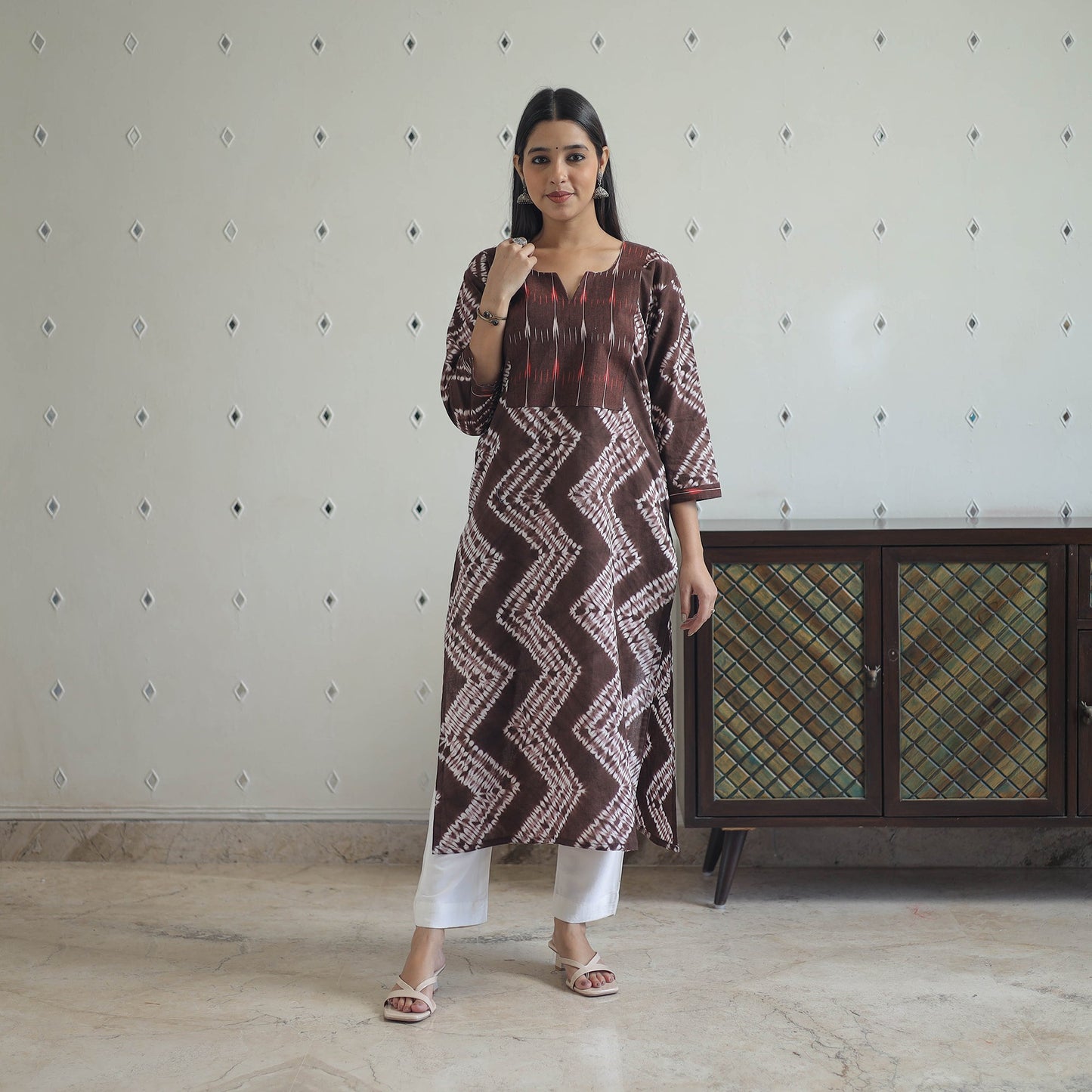 Brown Patchwork Tie & Dye Cotton Straight Shibori Kurta for Women