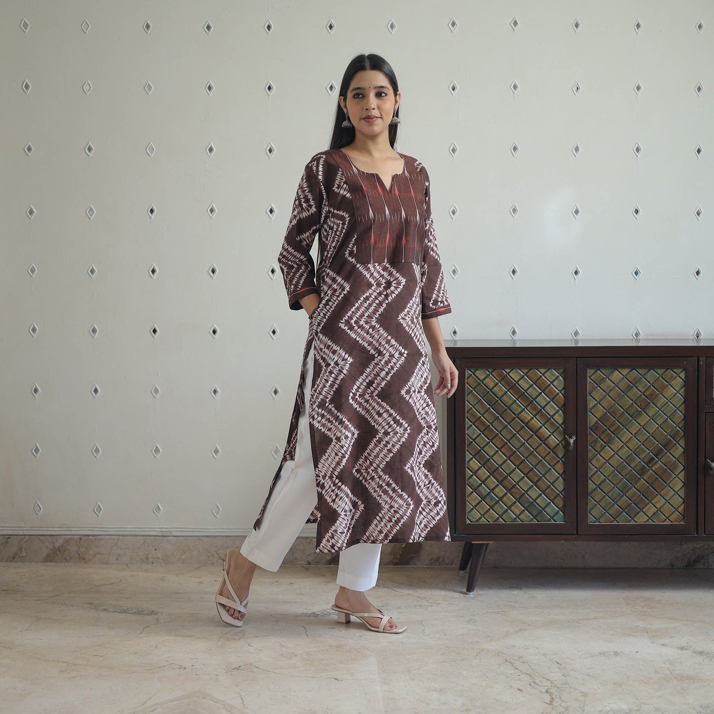 Brown Patchwork Tie & Dye Cotton Straight Shibori Kurta for Women