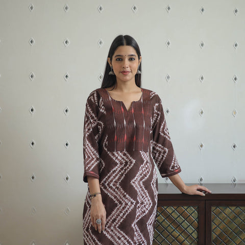 Brown Patchwork Tie & Dye Cotton Straight Shibori Kurta for Women