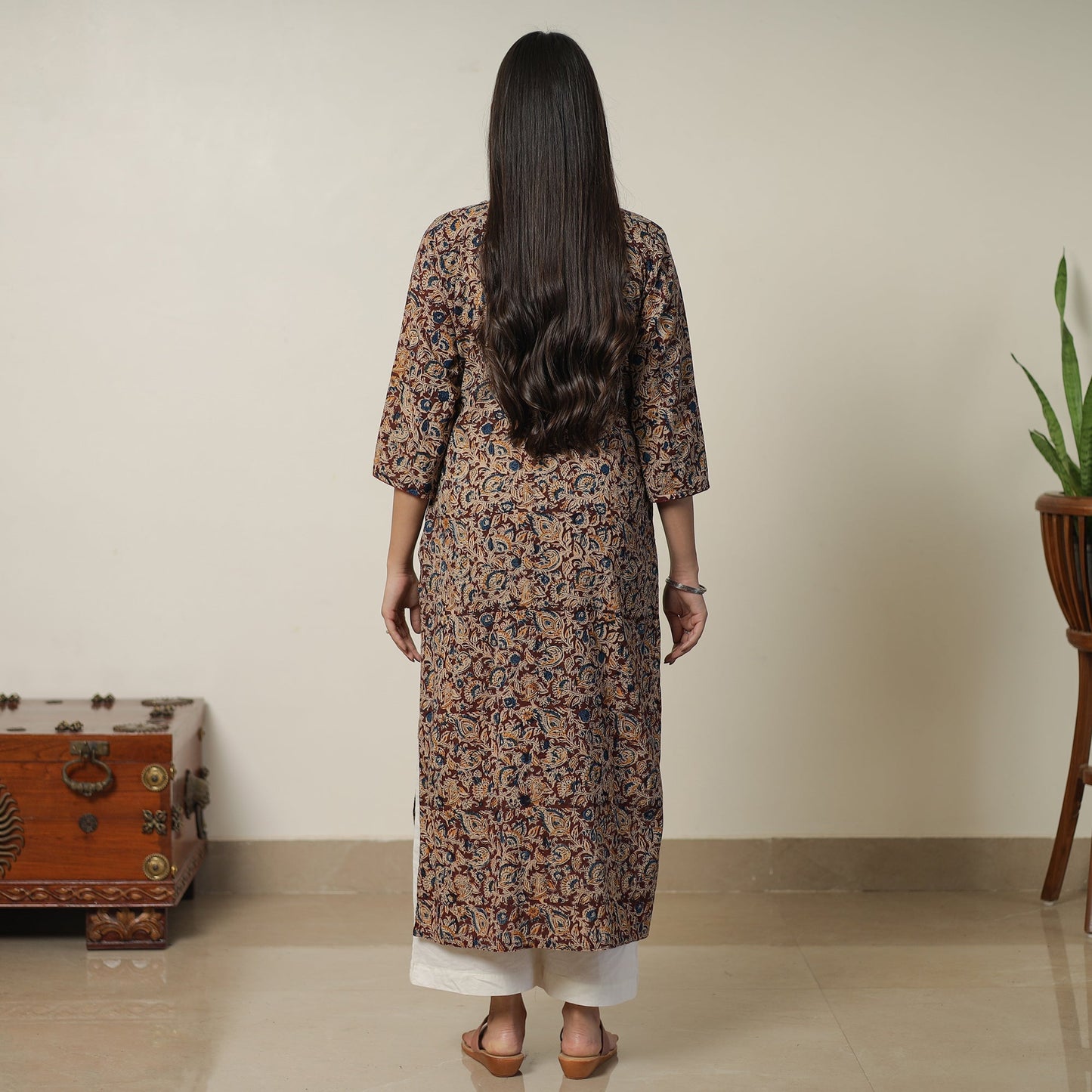 Brown Pedana Block Print Cotton Straight Kalamkari Kurta