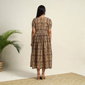 Pedana Block Print Mul Cotton Brown Flared Kalamkari Dress