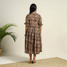 Pedana Block Print Mul Cotton Tiered Brown Kalamkari Dress