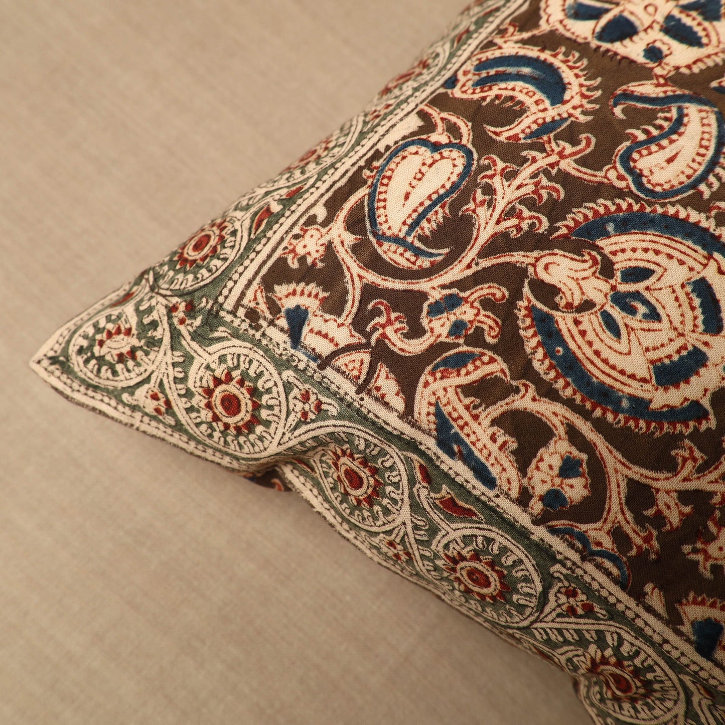 Brown Pedana Block Print Cotton Kalamkari Cushion Cover