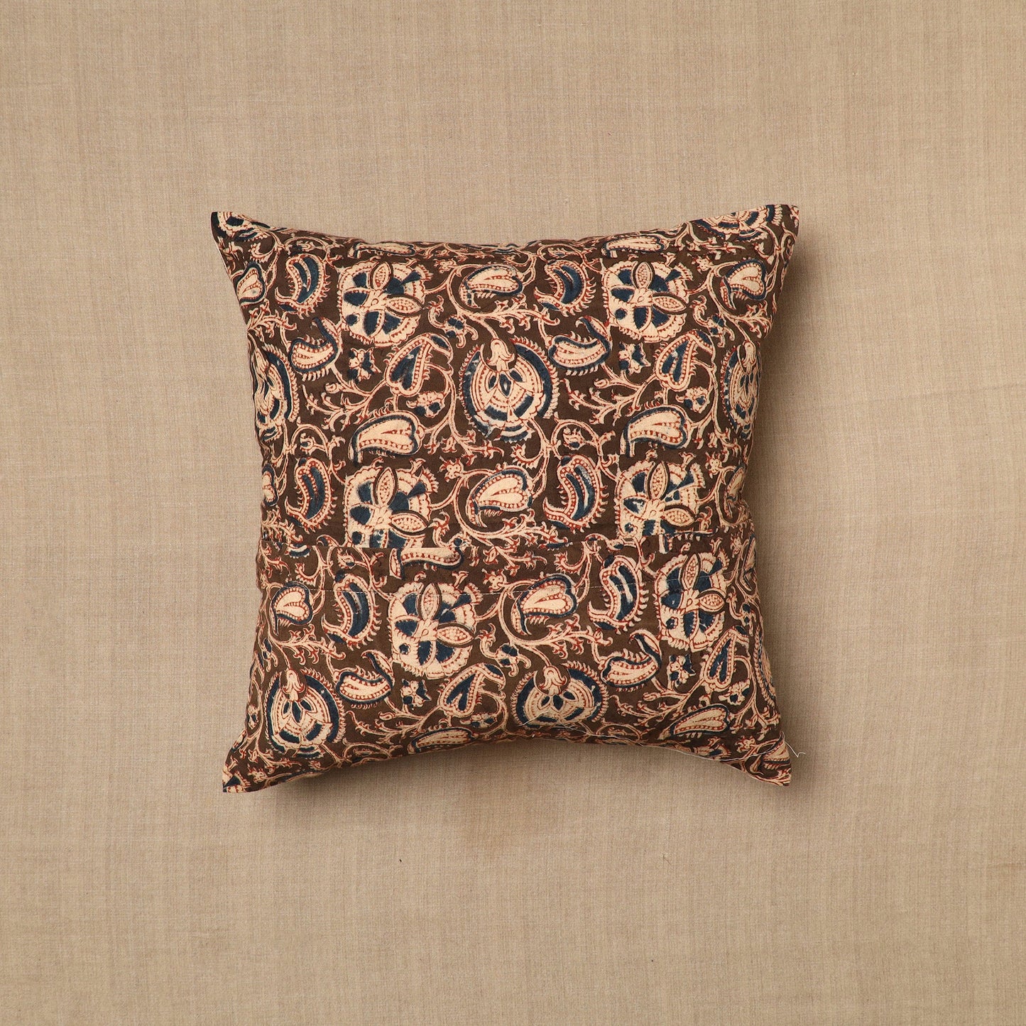 Brown Pedana Block Print Cotton Kalamkari Cushion Cover