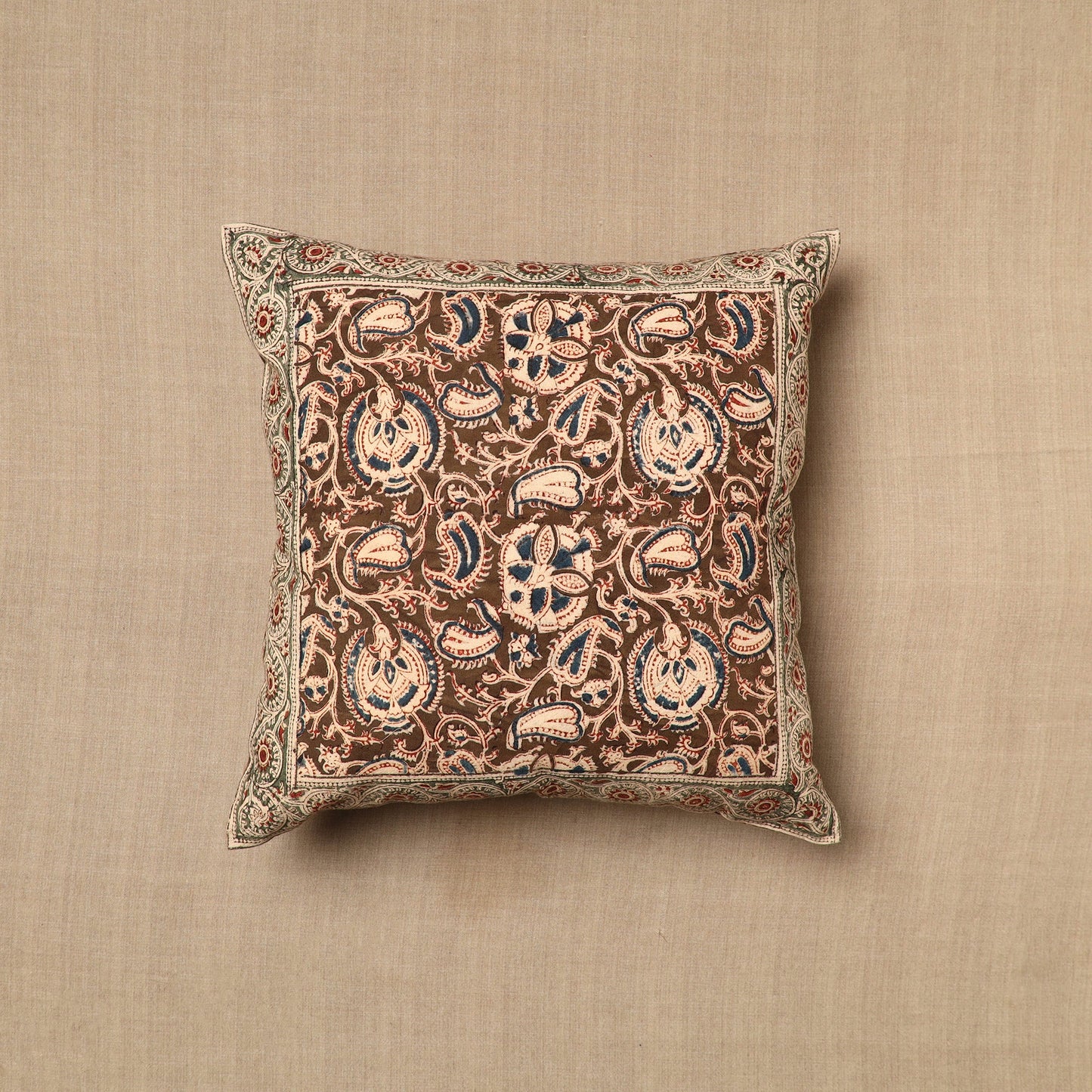Brown Pedana Block Print Cotton Kalamkari Cushion Cover