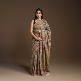 Brown Pedana Block Print Cotton Kalamkari Saree