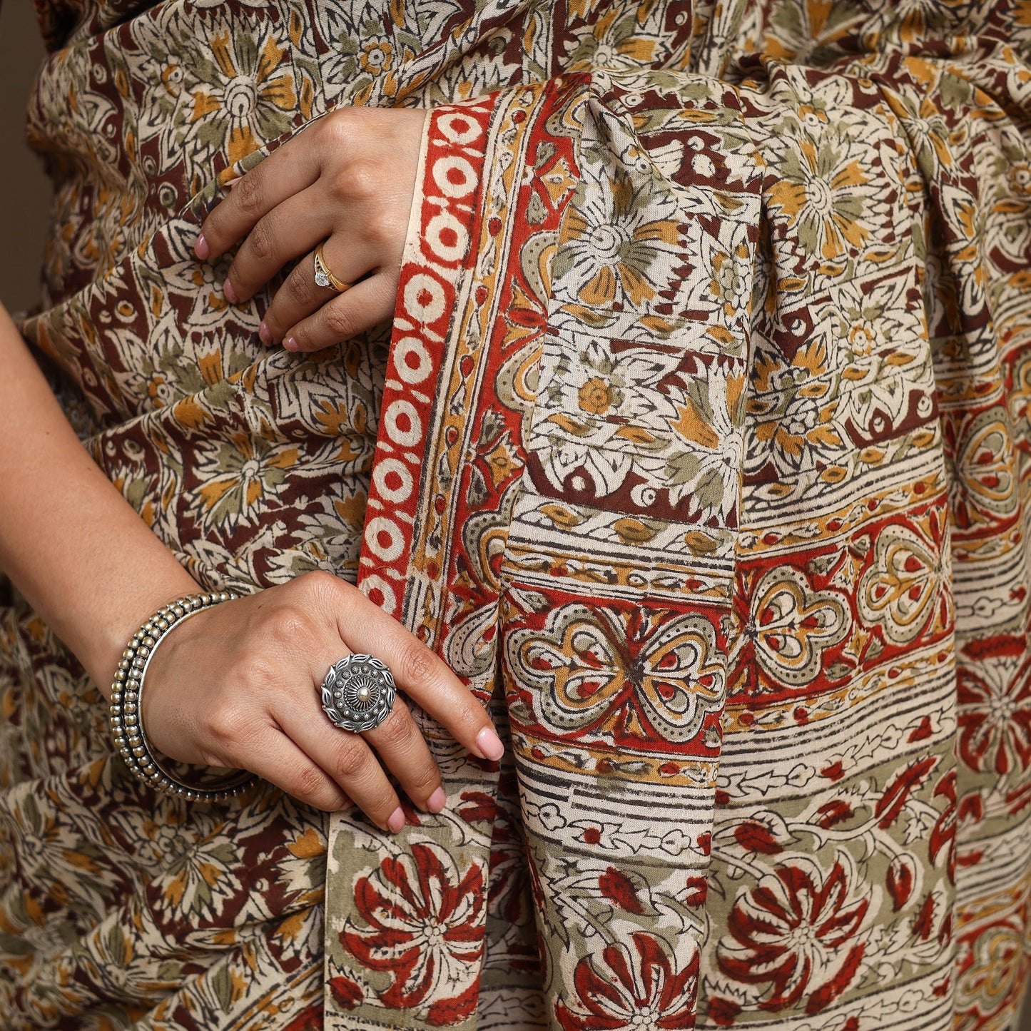 Brown Pedana Block Print Cotton Kalamkari Saree