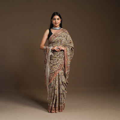 Brown Pedana Block Print Cotton Kalamkari Saree