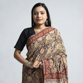 Brown Pedana Block Print Cotton Kalamkari Saree