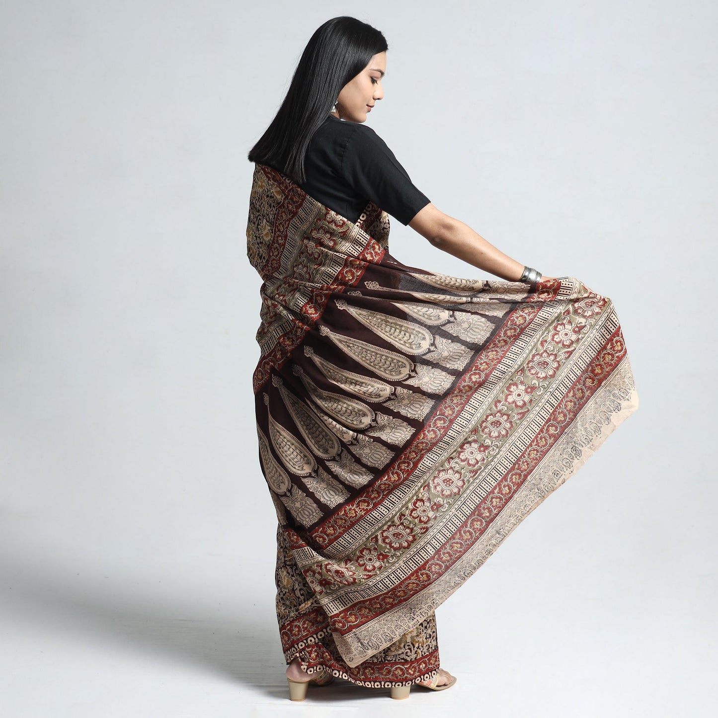 Brown Pedana Block Print Cotton Kalamkari Saree