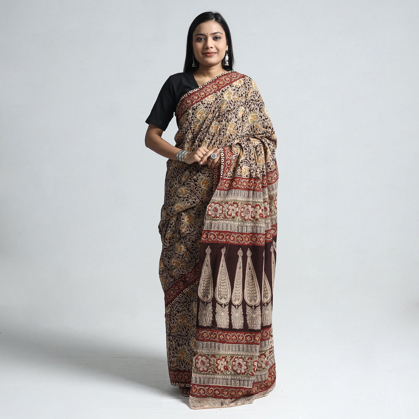 Brown Pedana Block Print Cotton Kalamkari Saree