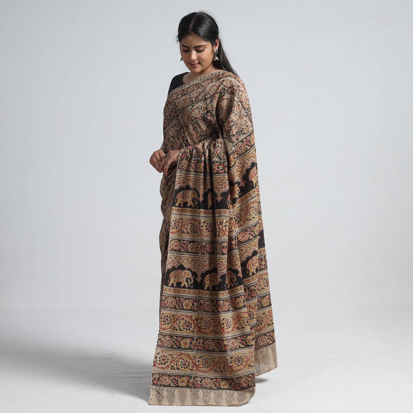 Brown Pedana Block Print Cotton Kalamkari Saree