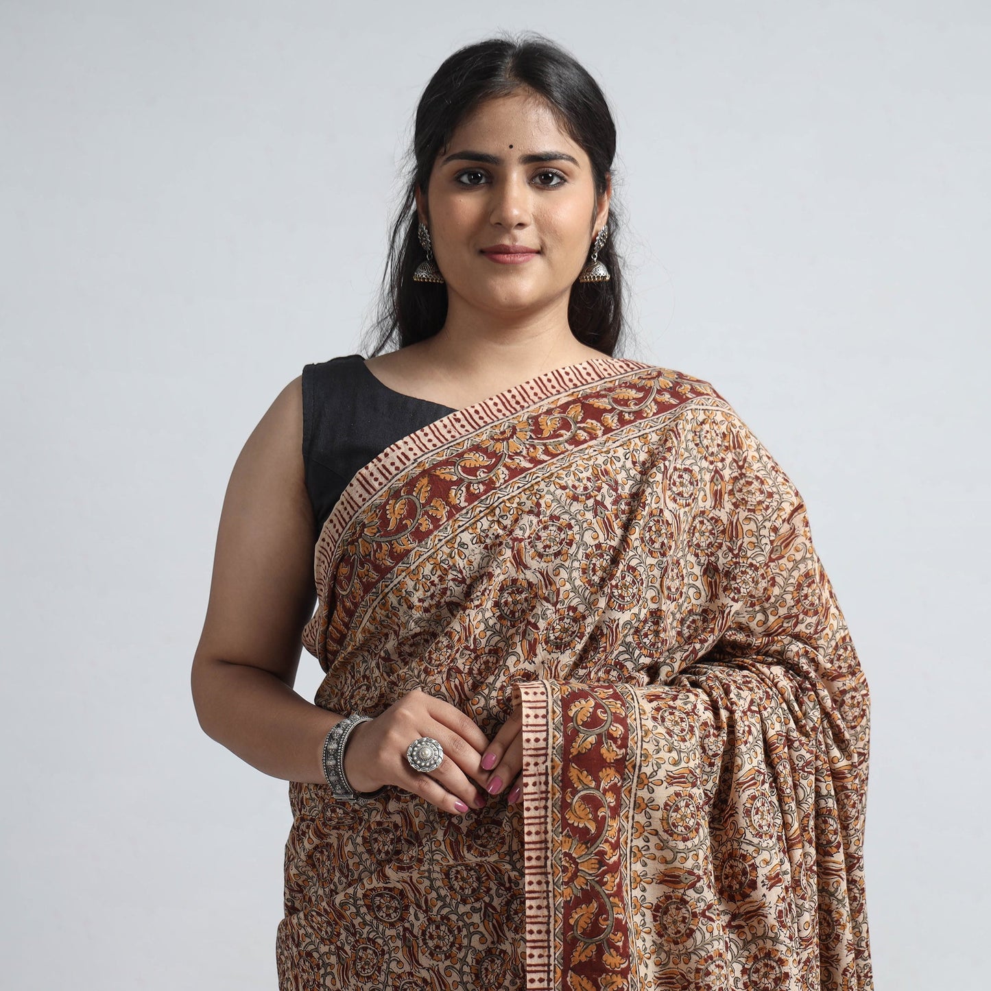 Brown Pedana Block Print Cotton Kalamkari Saree