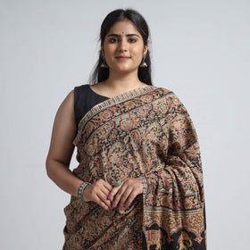 Brown Pedana Block Print Cotton Kalamkari Saree