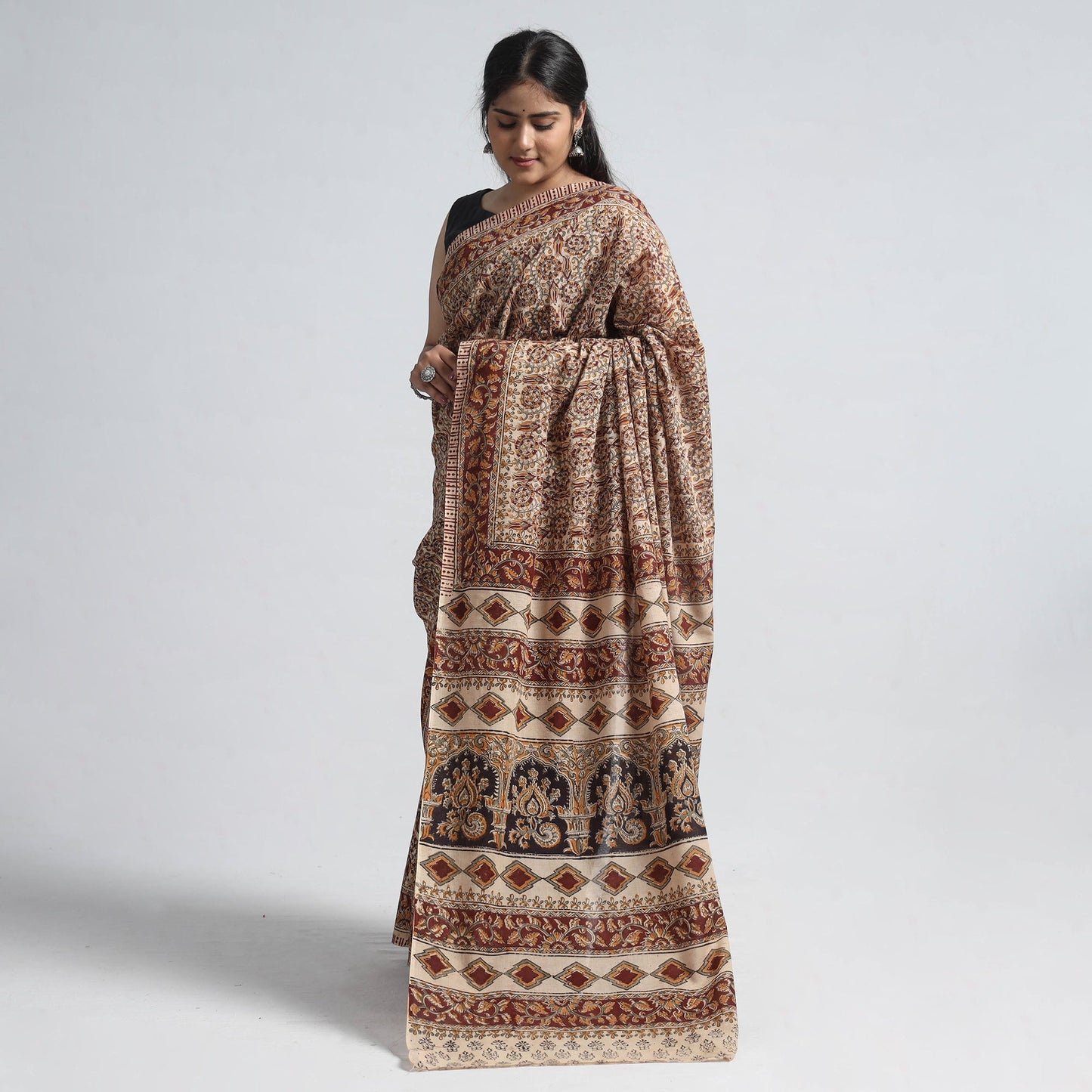 Brown Pedana Block Print Cotton Kalamkari Saree