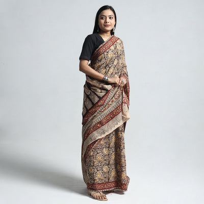 Brown Pedana Block Print Cotton Kalamkari Saree
