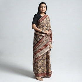 Brown Pedana Block Print Cotton Kalamkari Saree
