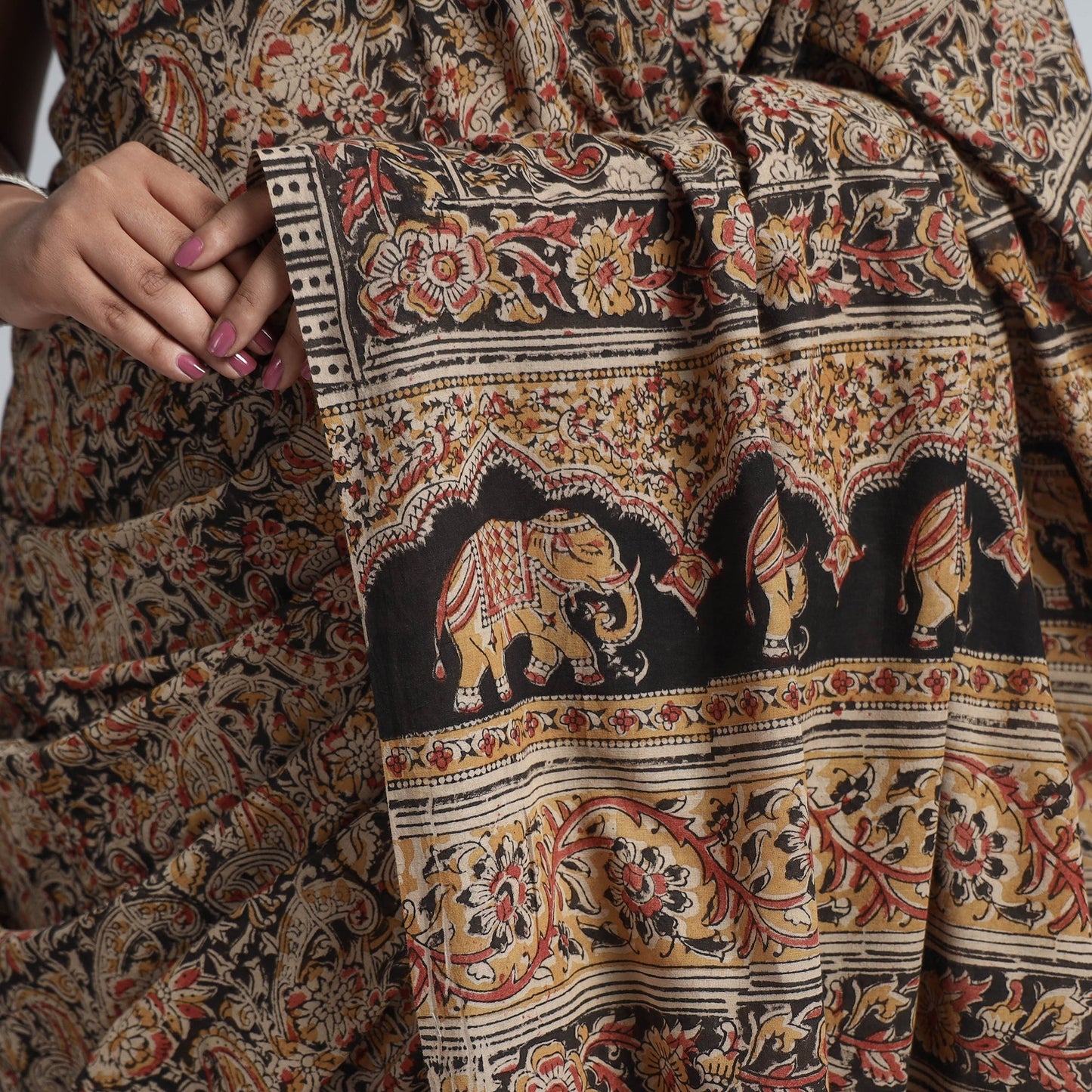 Brown Pedana Block Print Cotton Kalamkari Saree
