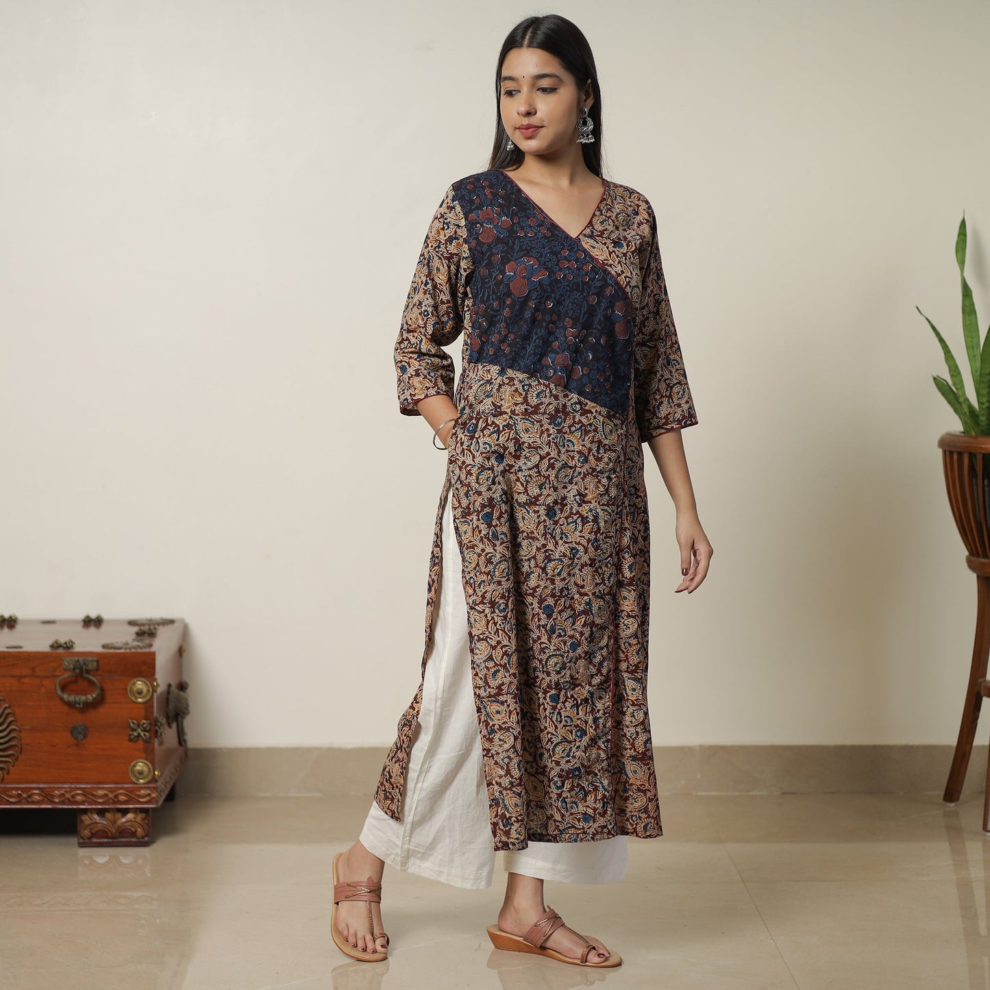 Brown Pedana Block Print Cotton Straight Kalamkari Kurta