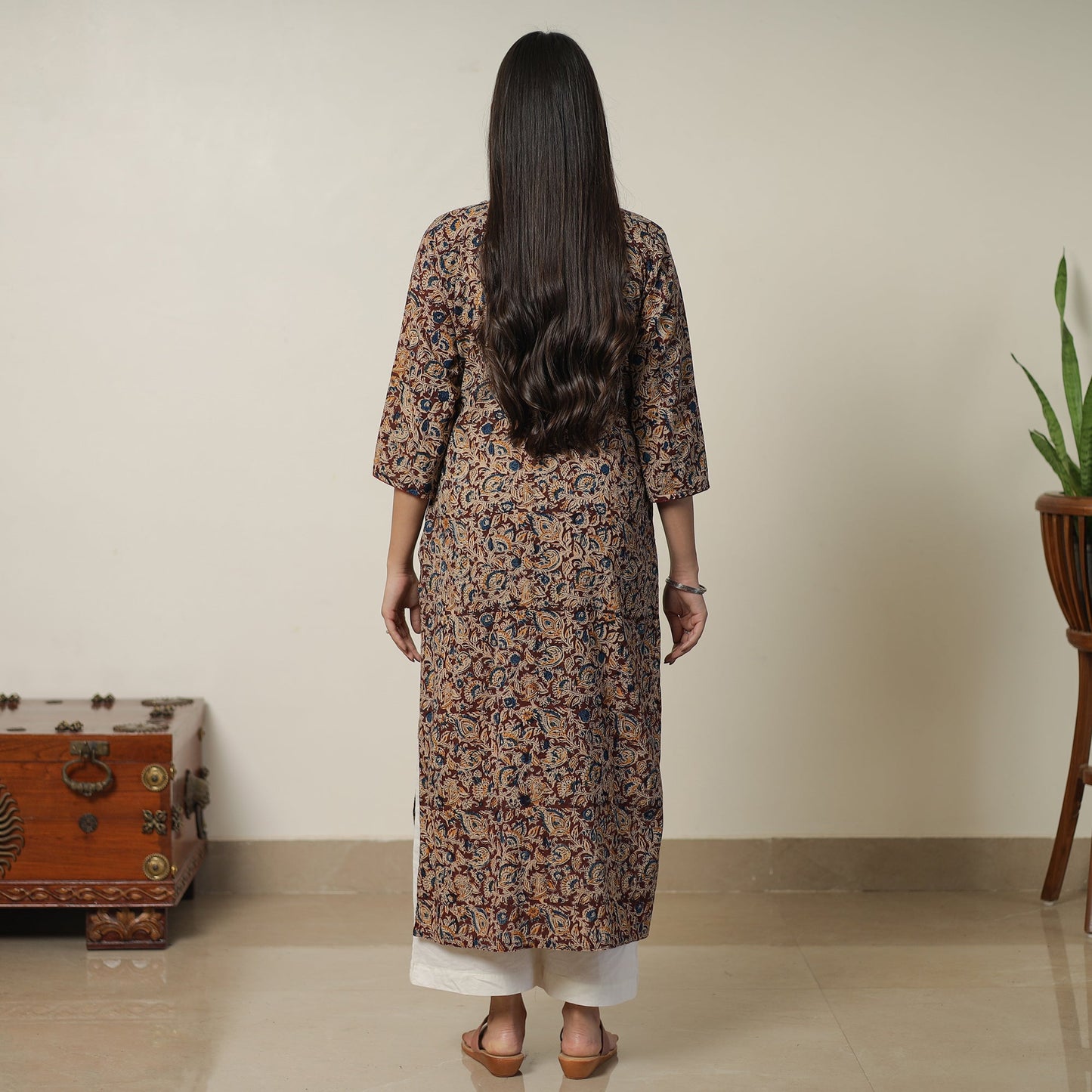 Brown Pedana Block Print Cotton Straight Kalamkari Kurta