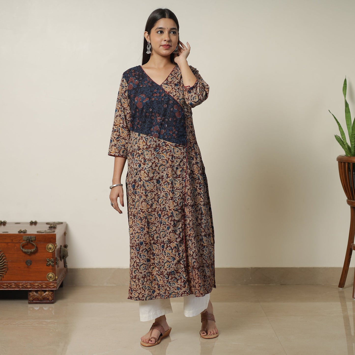 Brown Pedana Block Print Cotton Straight Kalamkari Kurta