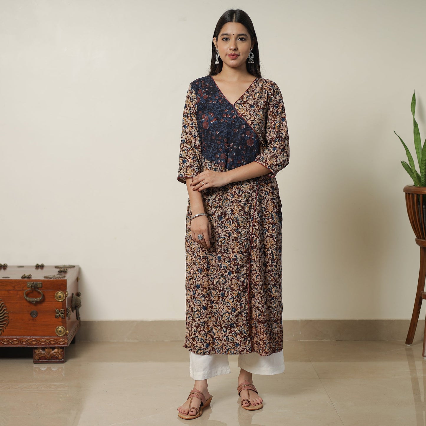 Brown Pedana Block Print Cotton Straight Kalamkari Kurta