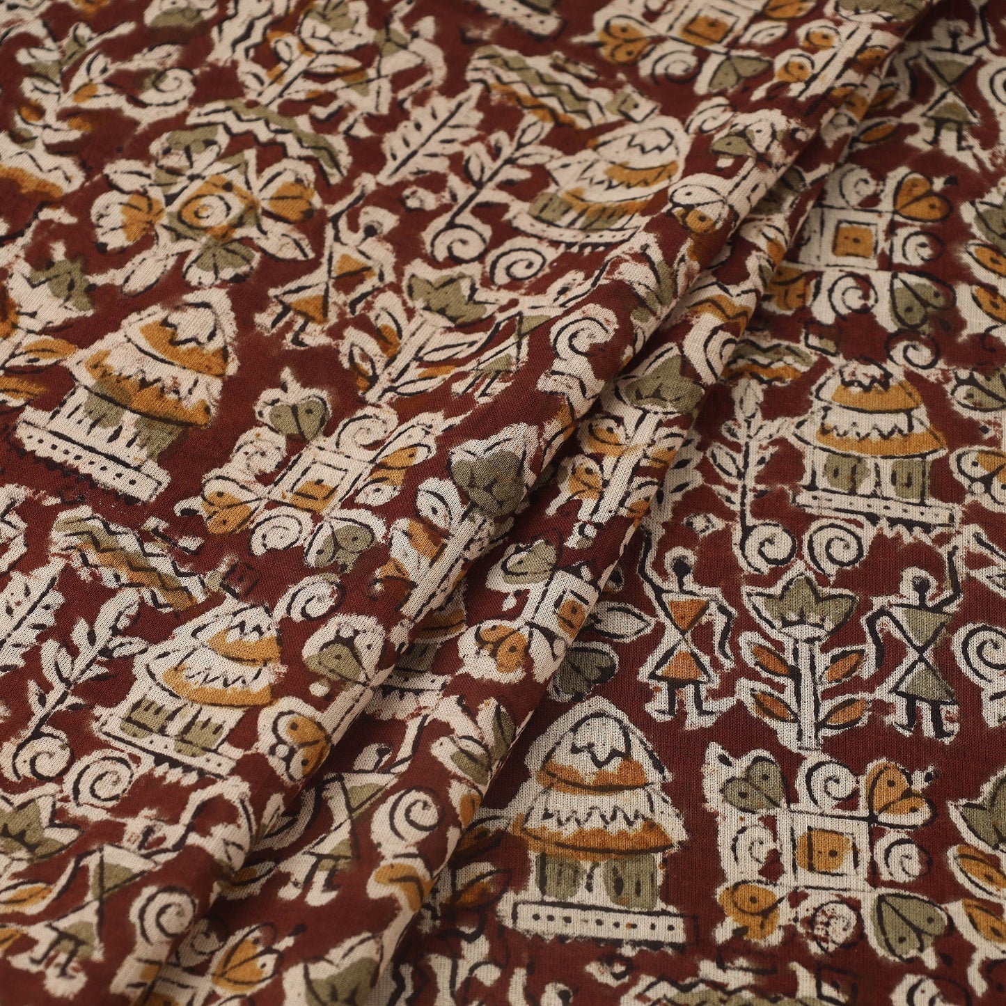 Brown Pedana Hand Block Print Mul Cotton Kalamkari Fabric