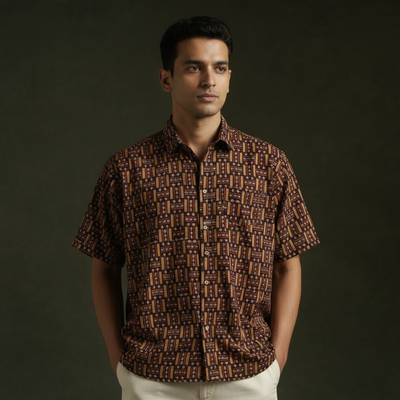 Pedana hand block print natural dyed cotton half sleeve men