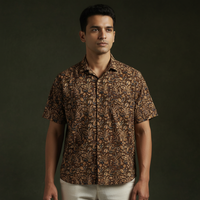 Pedana hand block print natural dyed cotton half sleeve men