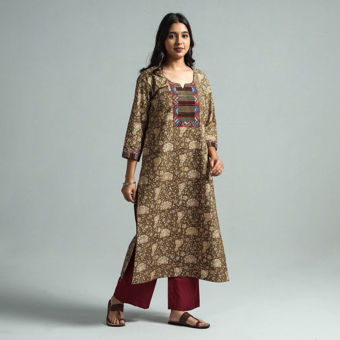 Brown - pedana kalamkari printed cotton kurta with palazzo