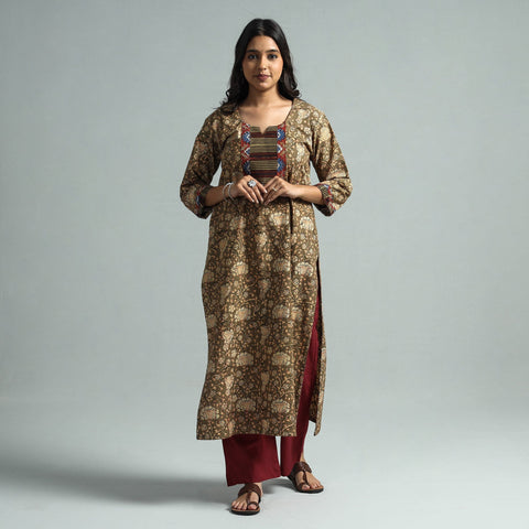 Brown - pedana kalamkari printed cotton kurta with palazzo