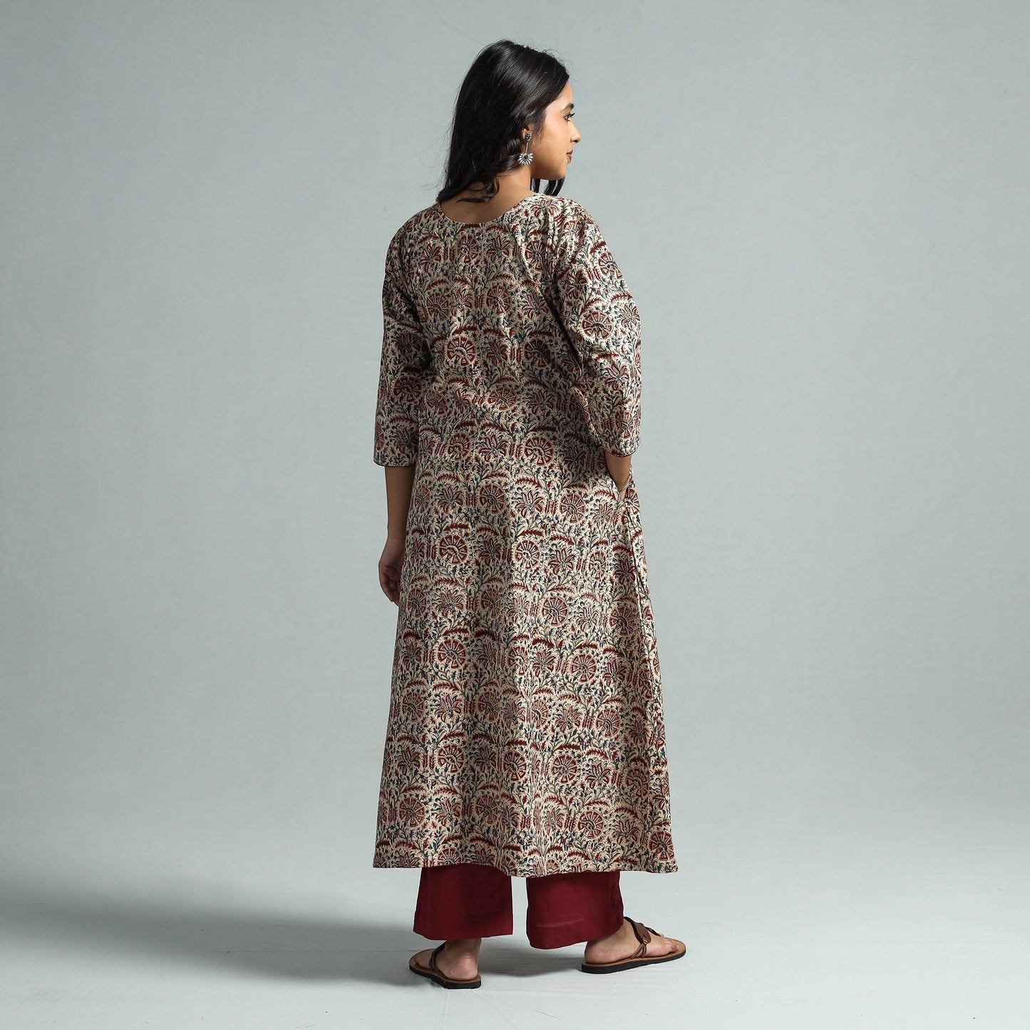 Brown - Pedana Kalamkari Block Printed Cotton Kurta with Palazzo Set