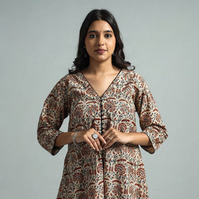 Brown - Pedana Kalamkari Block Printed Cotton Kurta with Palazzo Set