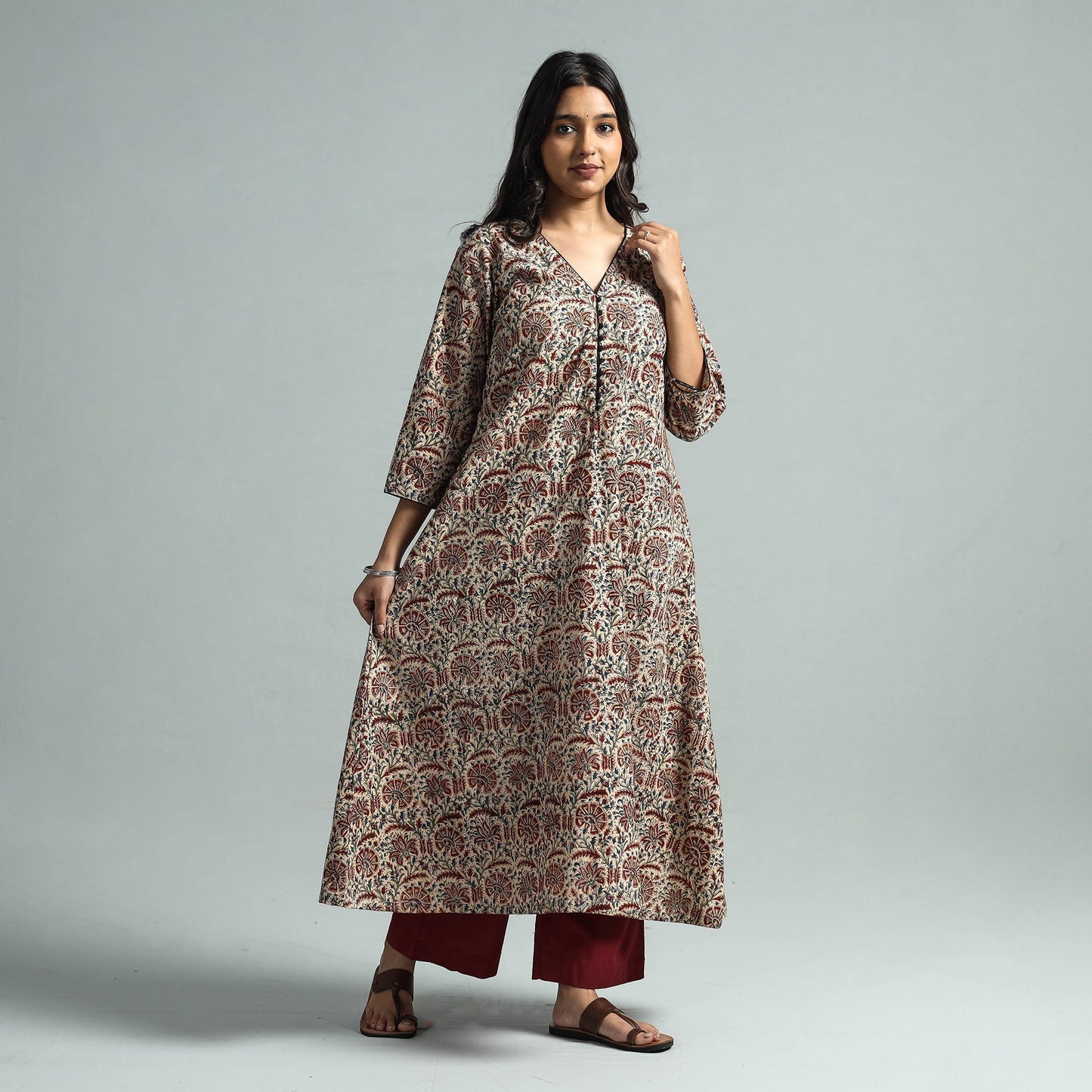 Brown - Pedana Kalamkari Block Printed Cotton Kurta with Palazzo Set