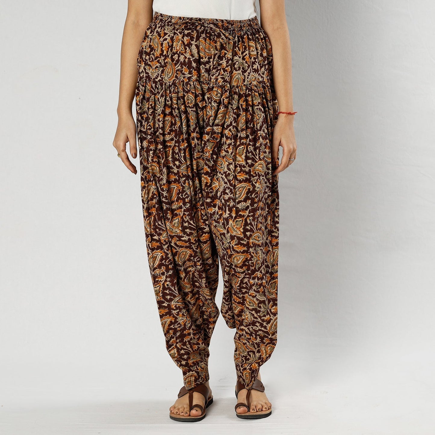 Brown - Pedana Kalamkari Block Printing Cotton Elasticated Salwar