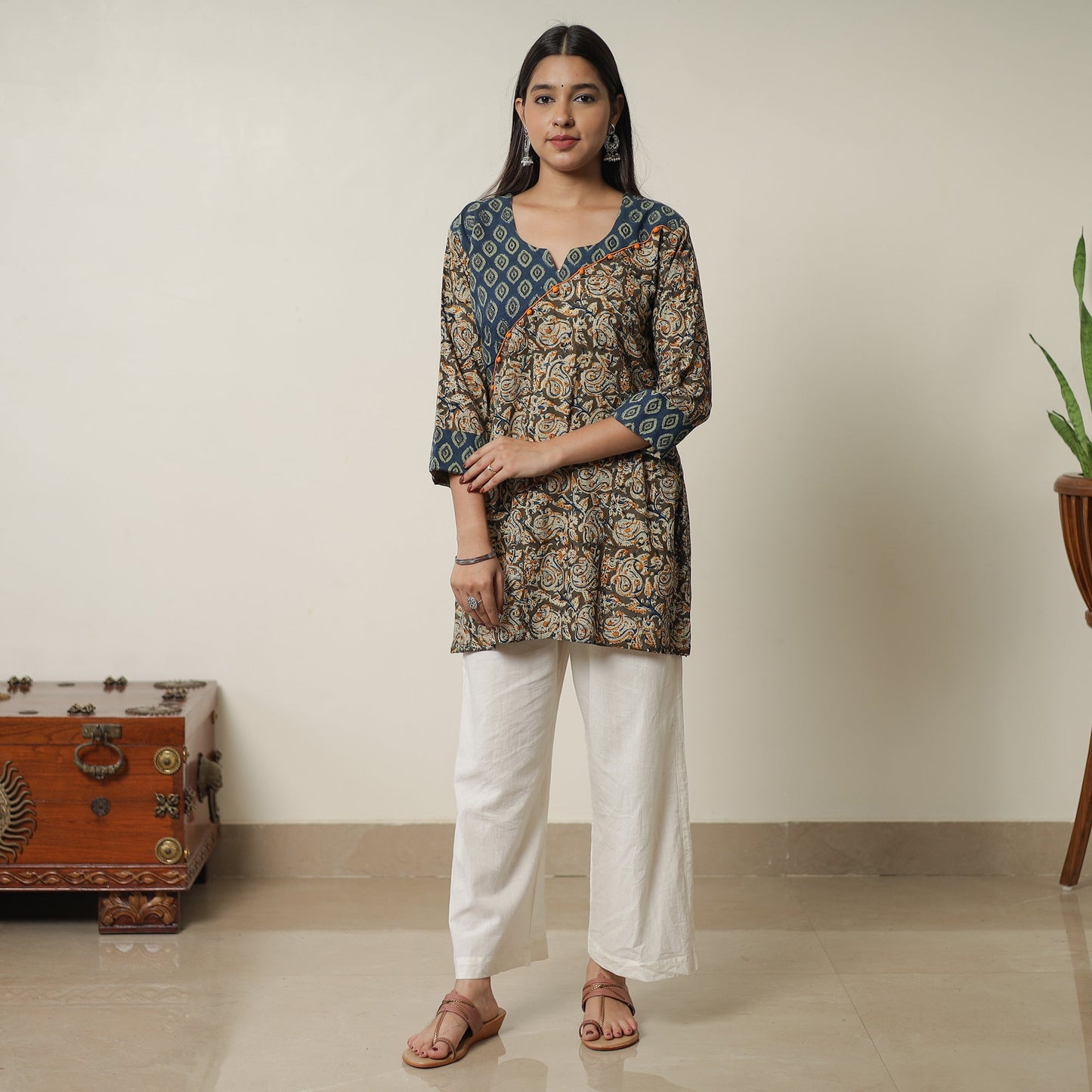 Brown - Pedana Kalamkari Block Printed Cotton Short Kurta with Ajrakh Patchwork 05